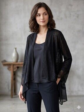 August Silk Black Open Front High-Low Crochet Lace Cardigan M